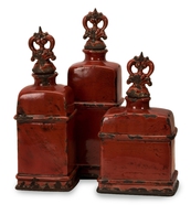 Distressed Tuscan Red Bottles with Finials - Set of 3
