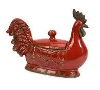 Tuscan Red Distressed Rooster Large Lidded Dish