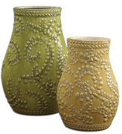 Embossed Leaves Yellow Green Ceramic Vases S/2