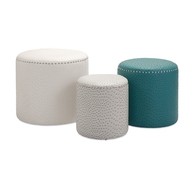 Glam White Gray Teal Ostric Pattern Ottomans - Set of 3