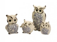 Blue and White Distressed Owl Family Statues - Set of 4