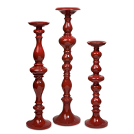 Tall Spindle Red Pillar Candleholders - set of 3
